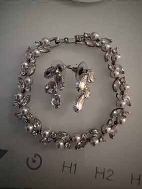 Crystal & Pearl Bridal Bracelet and Drop Earrings Set - Silver Tone